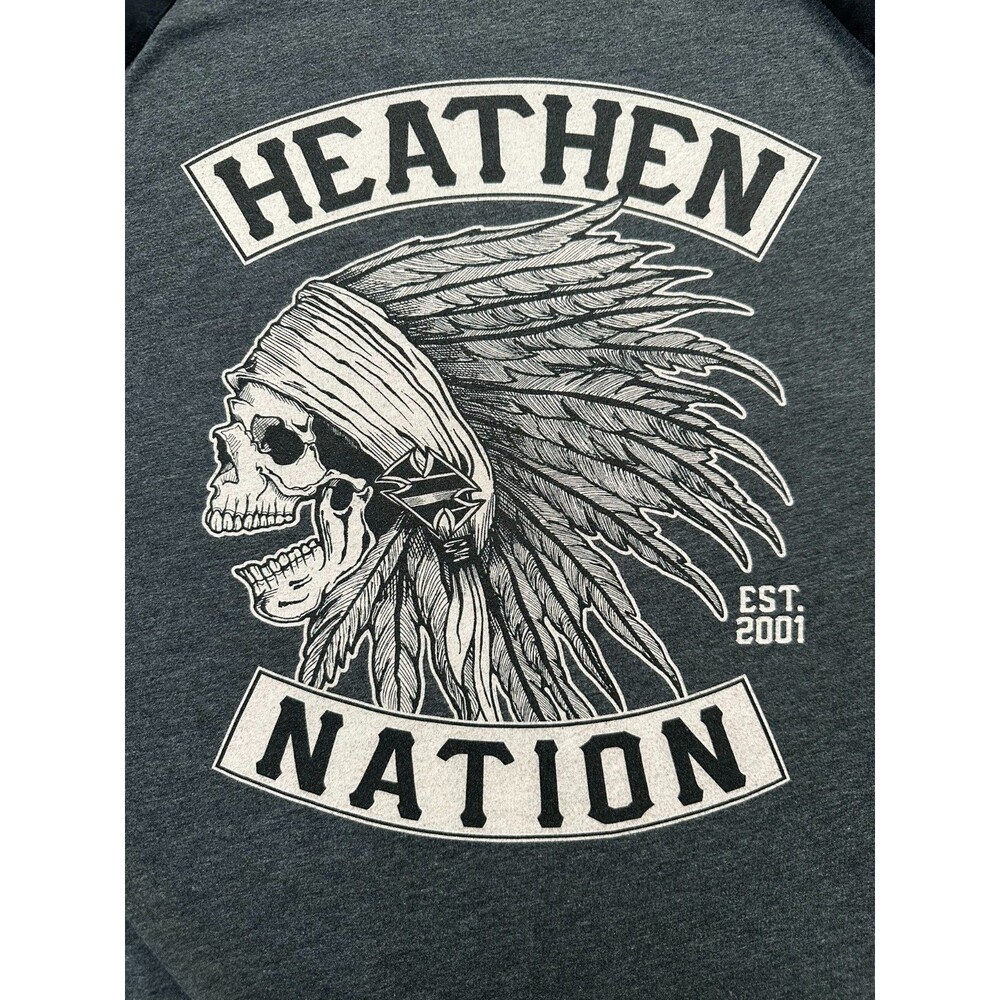 Heathen Nation Chief Skull Raglan 3/4 Sleeve T Shirt Mens 2XL Gray Black Biker
